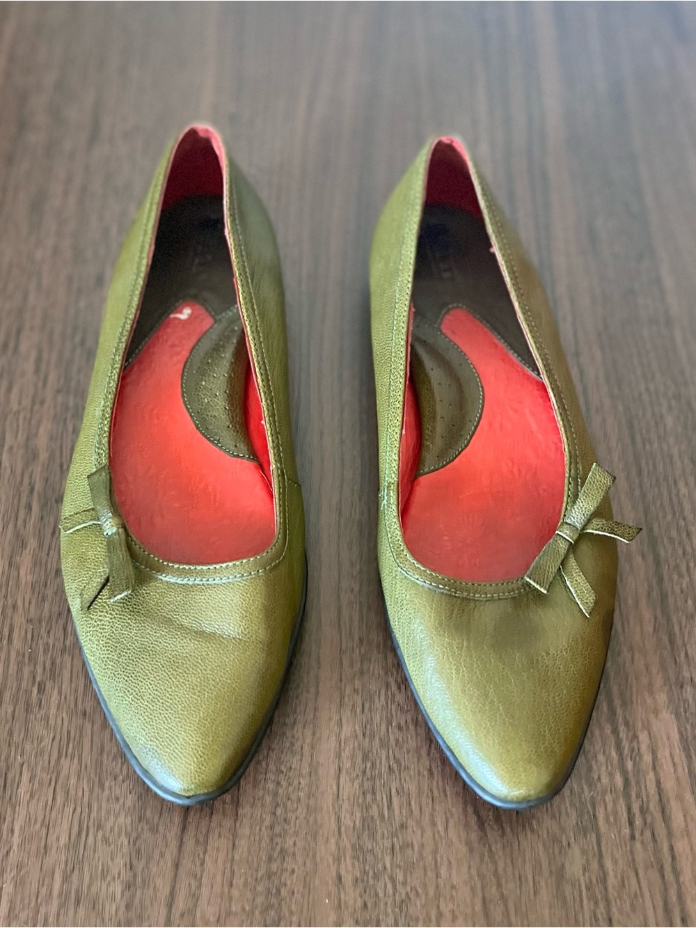 green pointed toe flats with bow